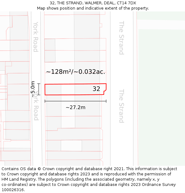 32, THE STRAND, WALMER, DEAL, CT14 7DX: Plot and title map