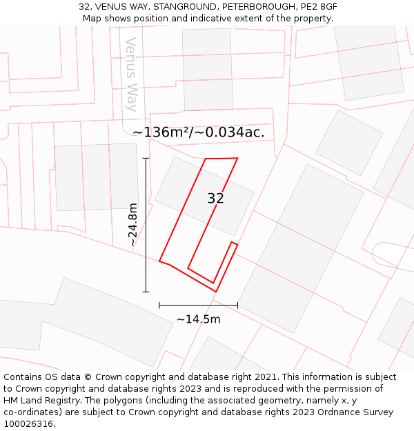 32, VENUS WAY, STANGROUND, PETERBOROUGH, PE2 8GF: Plot and title map