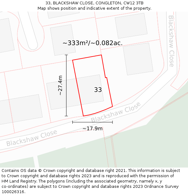 33, BLACKSHAW CLOSE, CONGLETON, CW12 3TB: Plot and title map