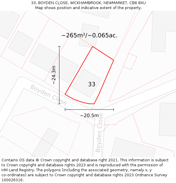 33, BOYDEN CLOSE, WICKHAMBROOK, NEWMARKET, CB8 8XU: Plot and title map