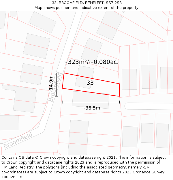 33, BROOMFIELD, BENFLEET, SS7 2SR: Plot and title map