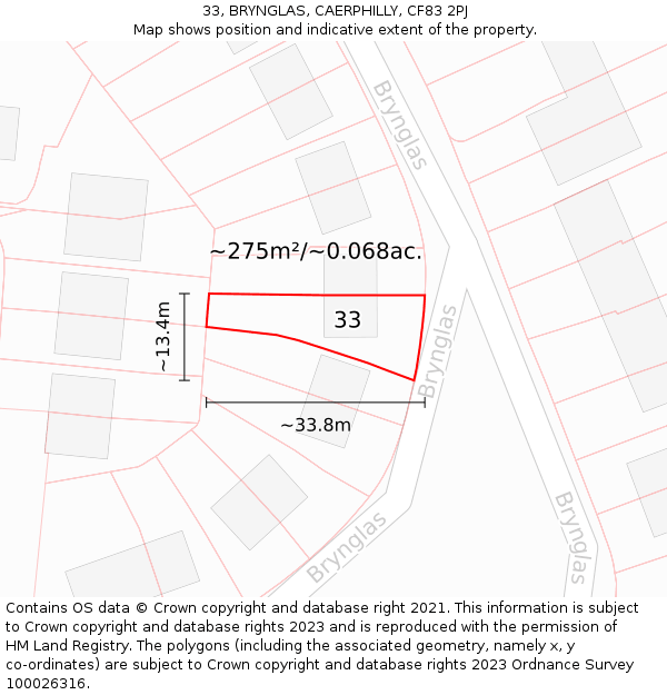 33, BRYNGLAS, CAERPHILLY, CF83 2PJ: Plot and title map