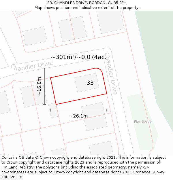 33, CHANDLER DRIVE, BORDON, GU35 9FH: Plot and title map