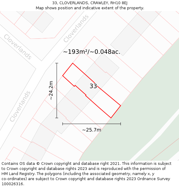 33, CLOVERLANDS, CRAWLEY, RH10 8EJ: Plot and title map