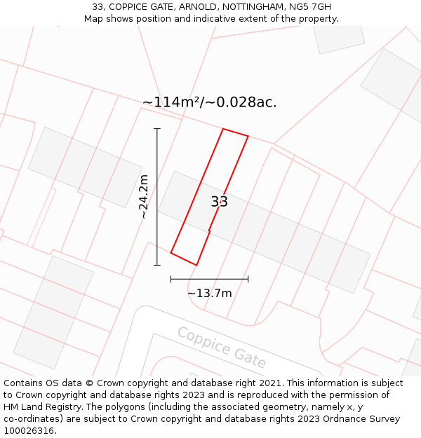 33, COPPICE GATE, ARNOLD, NOTTINGHAM, NG5 7GH: Plot and title map
