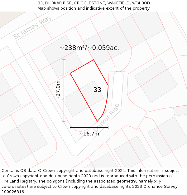 33, DURKAR RISE, CRIGGLESTONE, WAKEFIELD, WF4 3QB: Plot and title map