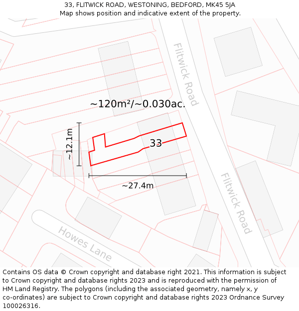 33, FLITWICK ROAD, WESTONING, BEDFORD, MK45 5JA: Plot and title map