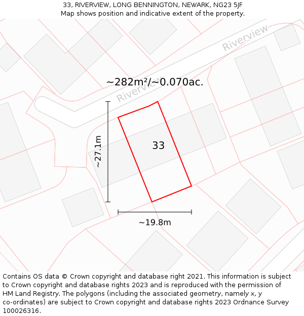 33, RIVERVIEW, LONG BENNINGTON, NEWARK, NG23 5JF: Plot and title map