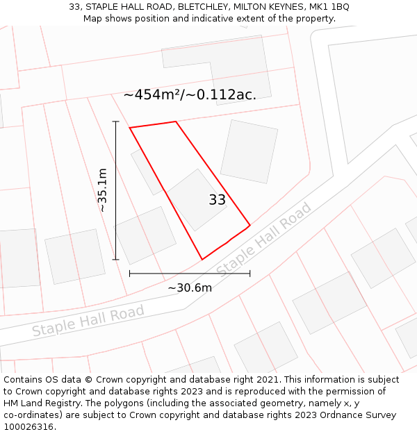 33, STAPLE HALL ROAD, BLETCHLEY, MILTON KEYNES, MK1 1BQ: Plot and title map