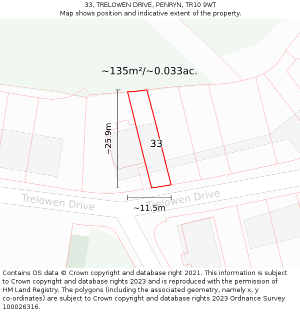 33, TRELOWEN DRIVE, PENRYN, TR10 9WT: Plot and title map