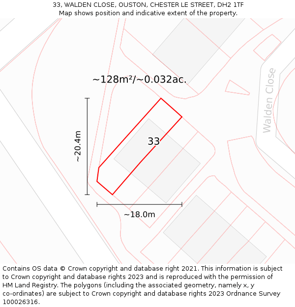 33, WALDEN CLOSE, OUSTON, CHESTER LE STREET, DH2 1TF: Plot and title map