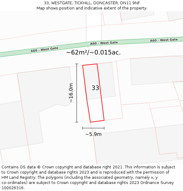 33, WESTGATE, TICKHILL, DONCASTER, DN11 9NF: Plot and title map
