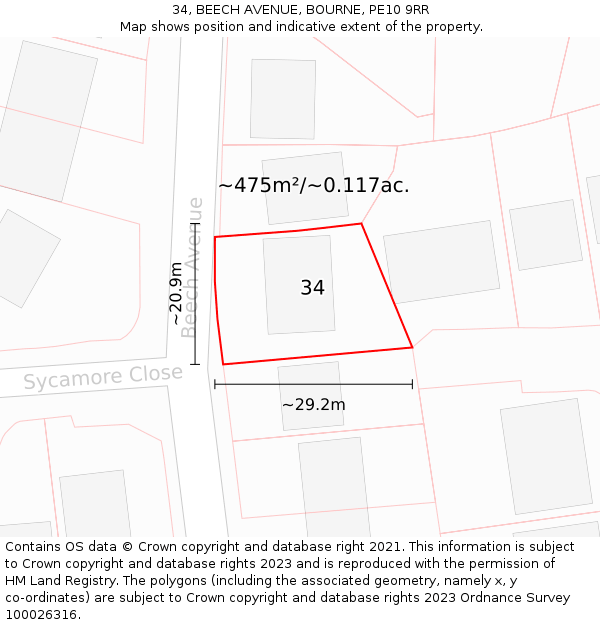 34, BEECH AVENUE, BOURNE, PE10 9RR: Plot and title map