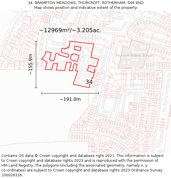 34, BRAMPTON MEADOWS, THURCROFT, ROTHERHAM, S66 9ND: Plot and title map