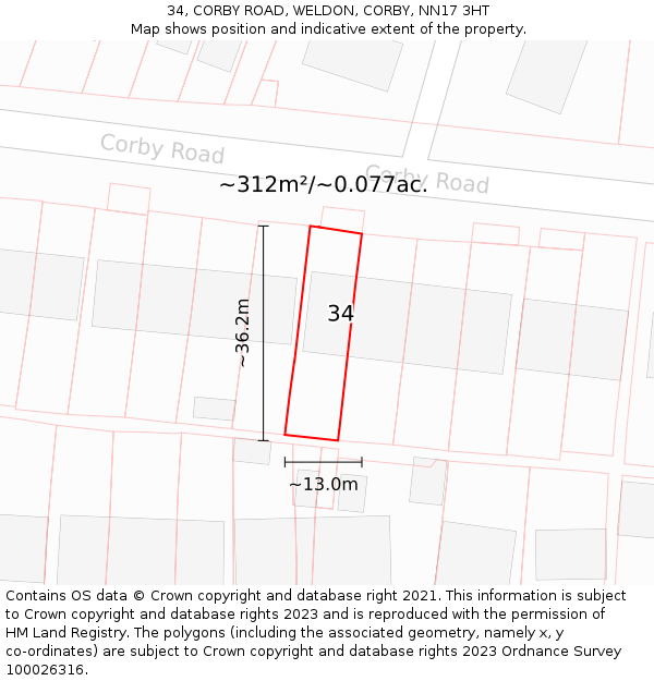 34, CORBY ROAD, WELDON, CORBY, NN17 3HT: Plot and title map