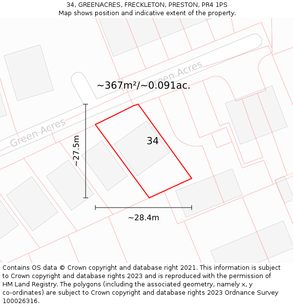 34, GREENACRES, FRECKLETON, PRESTON, PR4 1PS: Plot and title map