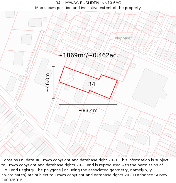 34, HAYWAY, RUSHDEN, NN10 6AG: Plot and title map