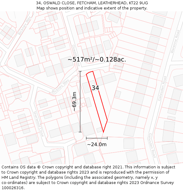 34, OSWALD CLOSE, FETCHAM, LEATHERHEAD, KT22 9UG: Plot and title map