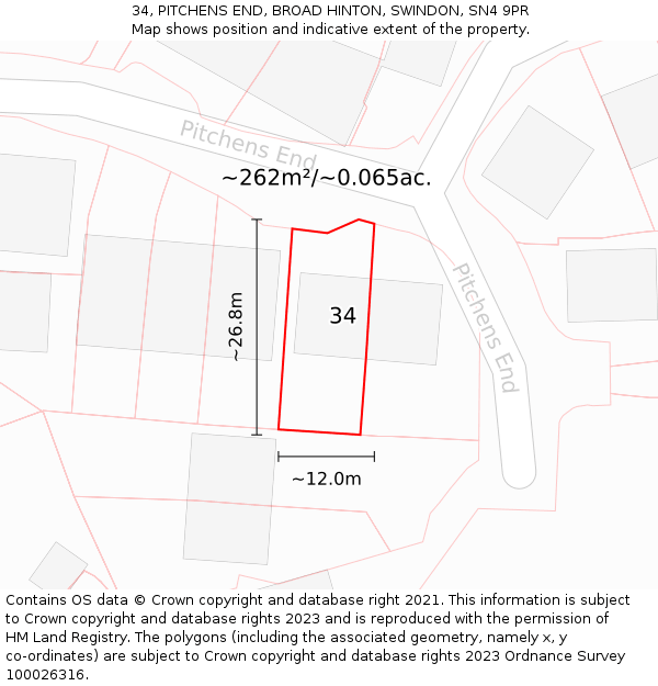 34, PITCHENS END, BROAD HINTON, SWINDON, SN4 9PR: Plot and title map