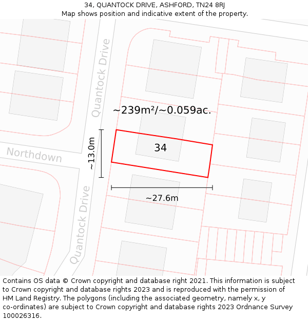 34, QUANTOCK DRIVE, ASHFORD, TN24 8RJ: Plot and title map