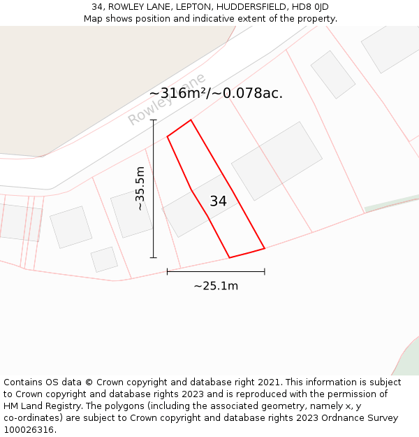 34, ROWLEY LANE, LEPTON, HUDDERSFIELD, HD8 0JD: Plot and title map