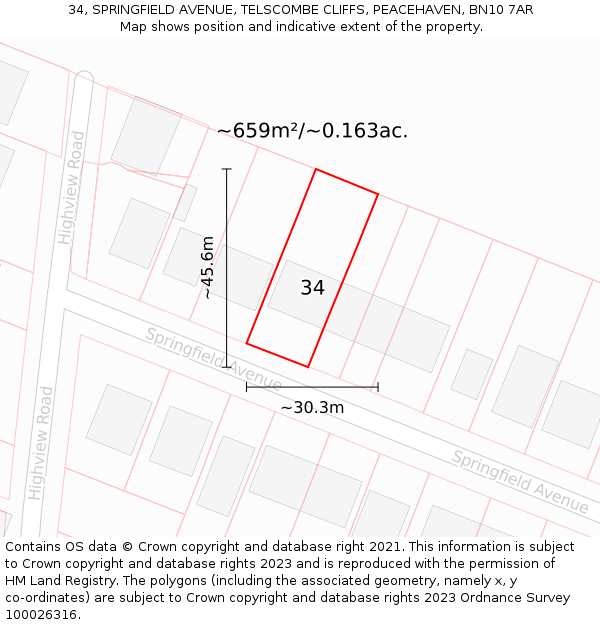 34, SPRINGFIELD AVENUE, TELSCOMBE CLIFFS, PEACEHAVEN, BN10 7AR: Plot and title map