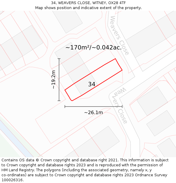 34, WEAVERS CLOSE, WITNEY, OX28 4TF: Plot and title map