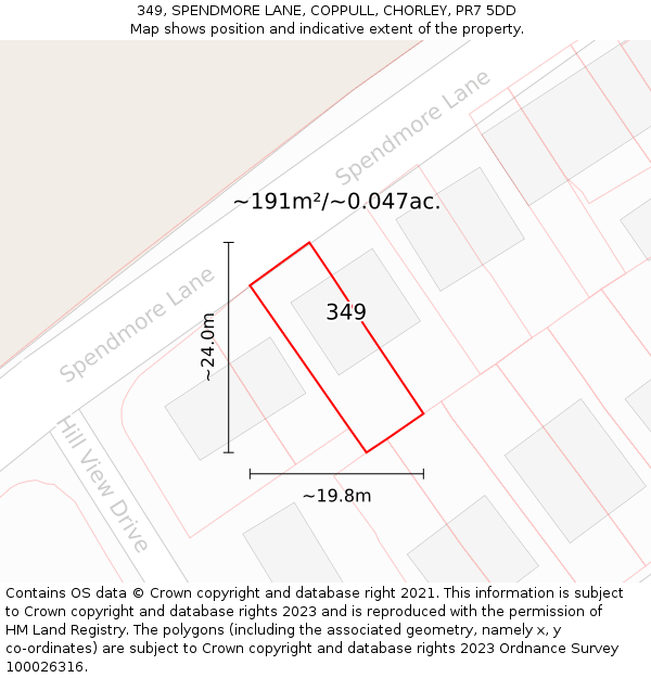349, SPENDMORE LANE, COPPULL, CHORLEY, PR7 5DD: Plot and title map