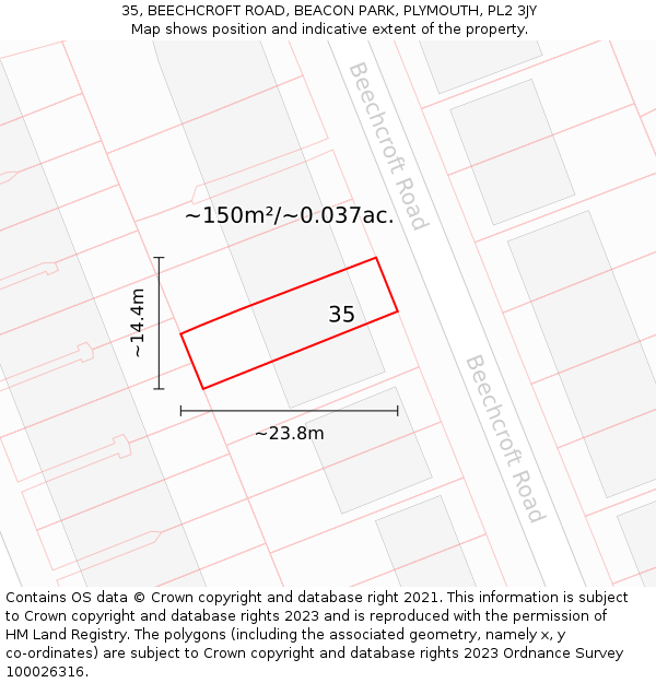 35, BEECHCROFT ROAD, BEACON PARK, PLYMOUTH, PL2 3JY: Plot and title map
