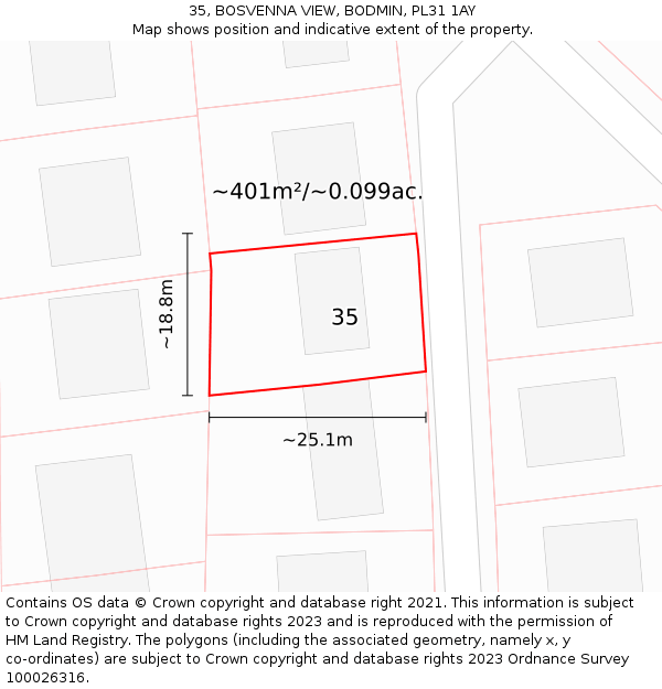 35, BOSVENNA VIEW, BODMIN, PL31 1AY: Plot and title map