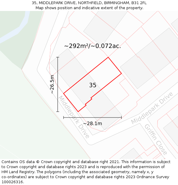 35, MIDDLEPARK DRIVE, NORTHFIELD, BIRMINGHAM, B31 2FL: Plot and title map