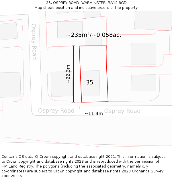 35, OSPREY ROAD, WARMINSTER, BA12 8GD: Plot and title map