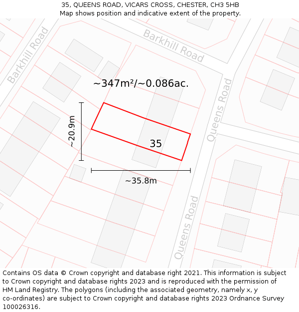35, QUEENS ROAD, VICARS CROSS, CHESTER, CH3 5HB: Plot and title map