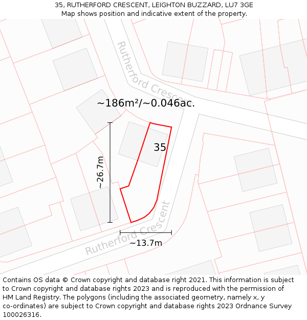 35, RUTHERFORD CRESCENT, LEIGHTON BUZZARD, LU7 3GE: Plot and title map