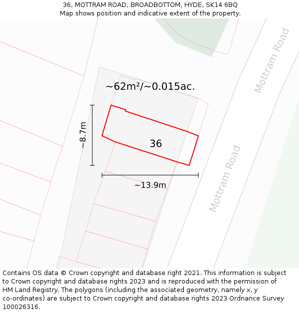 36, MOTTRAM ROAD, BROADBOTTOM, HYDE, SK14 6BQ: Plot and title map