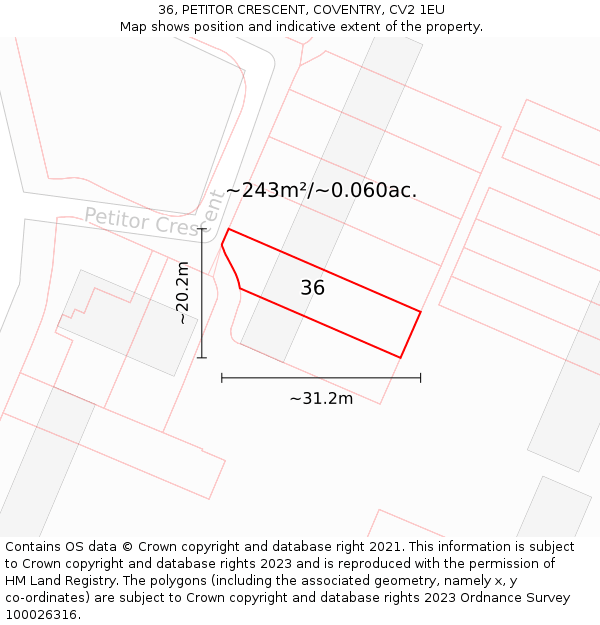 36, PETITOR CRESCENT, COVENTRY, CV2 1EU: Plot and title map