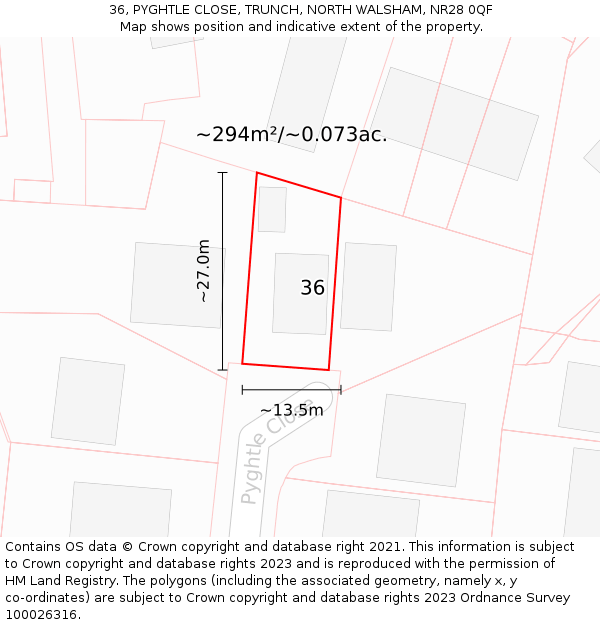 36, PYGHTLE CLOSE, TRUNCH, NORTH WALSHAM, NR28 0QF: Plot and title map