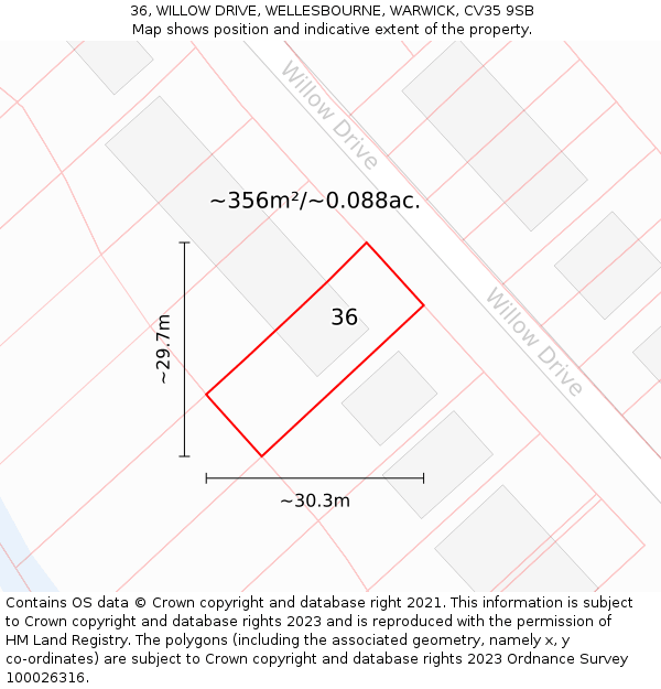 36, WILLOW DRIVE, WELLESBOURNE, WARWICK, CV35 9SB: Plot and title map