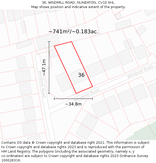 36, WINDMILL ROAD, NUNEATON, CV10 0HL: Plot and title map