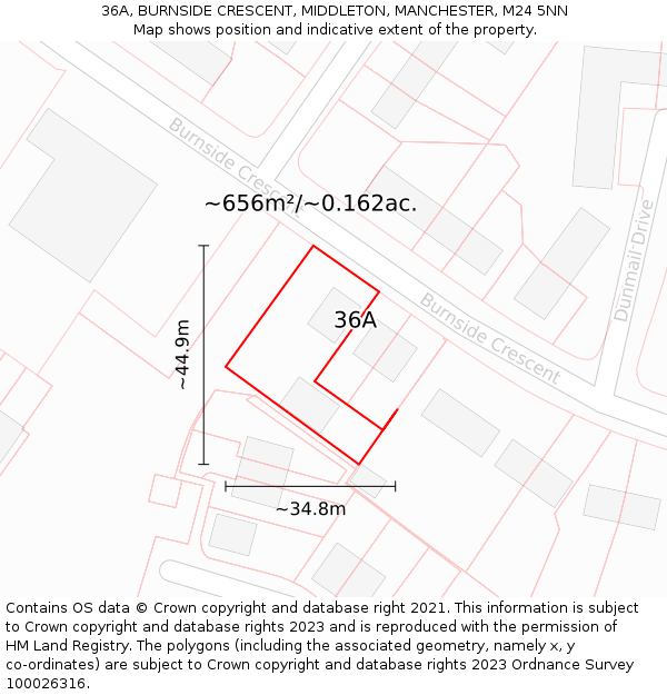 36A, BURNSIDE CRESCENT, MIDDLETON, MANCHESTER, M24 5NN: Plot and title map