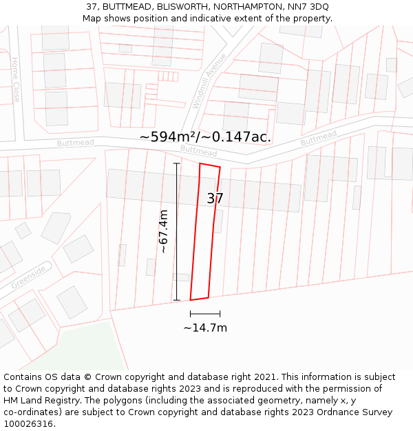 37, BUTTMEAD, BLISWORTH, NORTHAMPTON, NN7 3DQ: Plot and title map