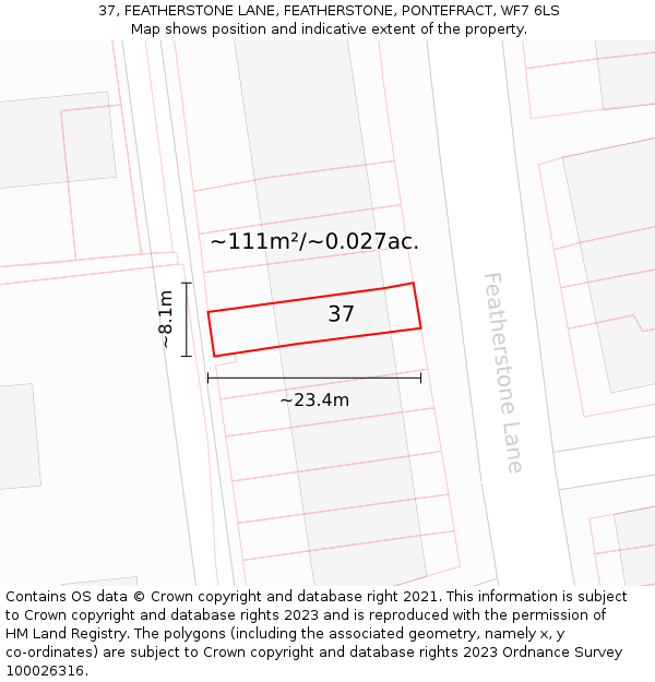 37, FEATHERSTONE LANE, FEATHERSTONE, PONTEFRACT, WF7 6LS: Plot and title map