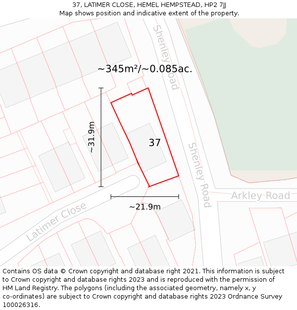 37, LATIMER CLOSE, HEMEL HEMPSTEAD, HP2 7JJ: Plot and title map