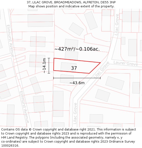 37, LILAC GROVE, BROADMEADOWS, ALFRETON, DE55 3NP: Plot and title map
