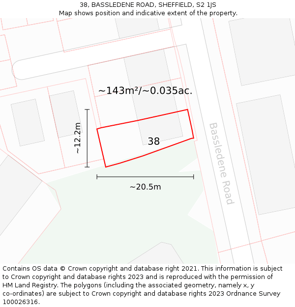 38, BASSLEDENE ROAD, SHEFFIELD, S2 1JS: Plot and title map