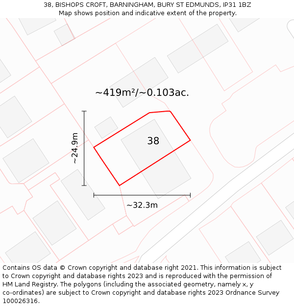 38, BISHOPS CROFT, BARNINGHAM, BURY ST EDMUNDS, IP31 1BZ: Plot and title map