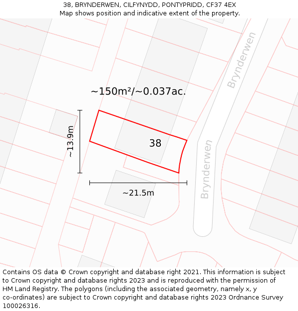 38, BRYNDERWEN, CILFYNYDD, PONTYPRIDD, CF37 4EX: Plot and title map