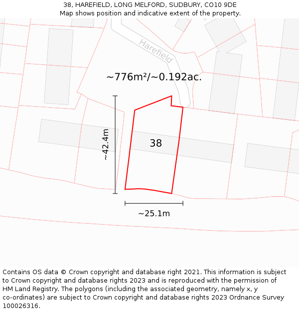 38, HAREFIELD, LONG MELFORD, SUDBURY, CO10 9DE: Plot and title map