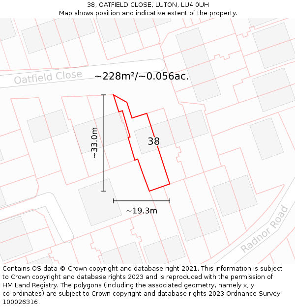 38, OATFIELD CLOSE, LUTON, LU4 0UH: Plot and title map