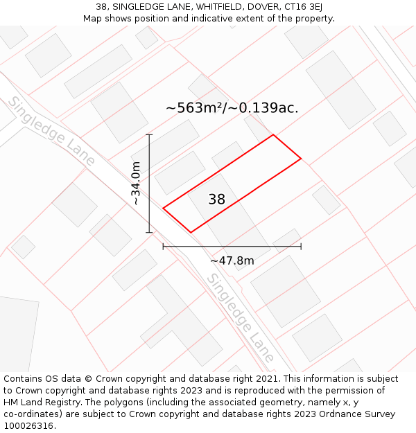 38, SINGLEDGE LANE, WHITFIELD, DOVER, CT16 3EJ: Plot and title map